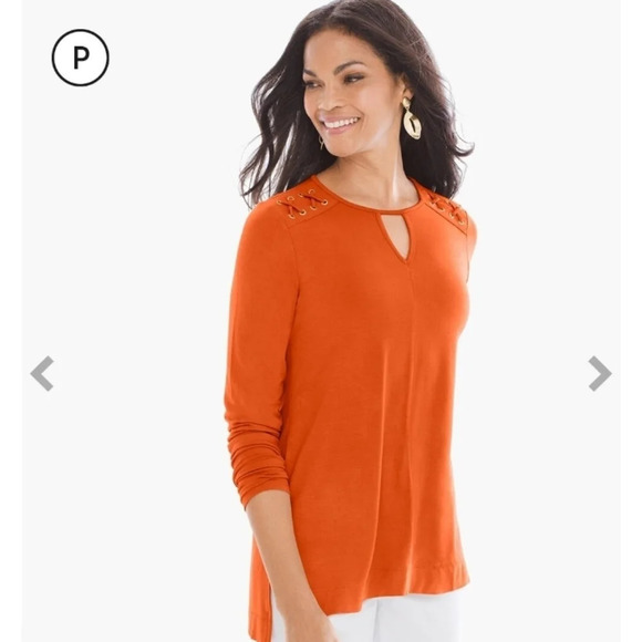 Chico's Lace Detail Shoulder Long Sleeve Burnt Orange Blouse Tunic Length Size 0 - Picture 1 of 7